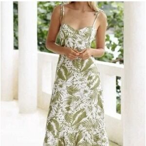 Kenny Flowers Silk Tropical Hibiscus Palm Limited Edition Ruffle Midi Dress M